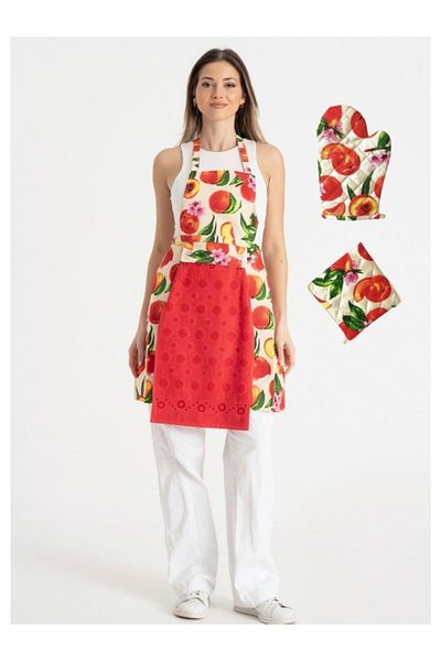 Enoteks Kitchen Apron with Towel, Oven Gloves and Holder Red