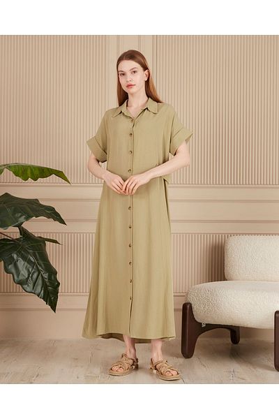 BeyzaBayram Plus Size Linen Dress - Khaki, Loose, Oversize, Button Detail
