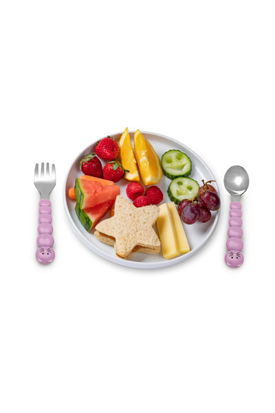 Melii طقم ملاعق وشوك - قطة أرجوانية وبلدغ رمادي (4 قطع)