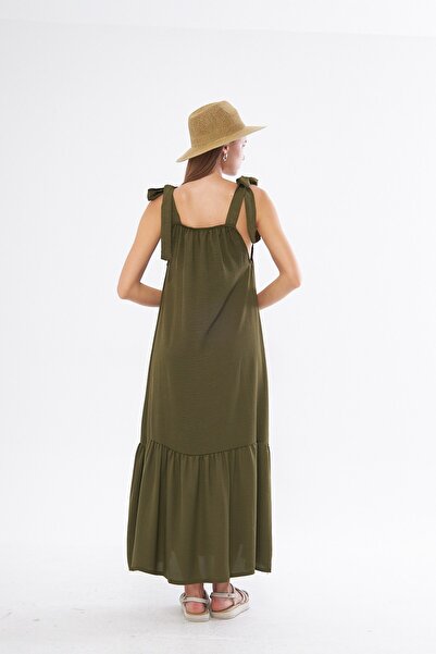 The Champ Clothing Khaki Colored Flowing Square Collar Tied Shoulder Dress