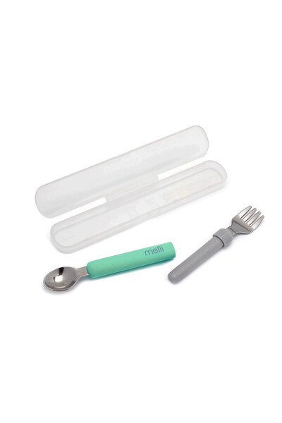 Melii ملعقة وشوكة قابلة للفصل مع حقيبة حمل - أخضر ورمادي