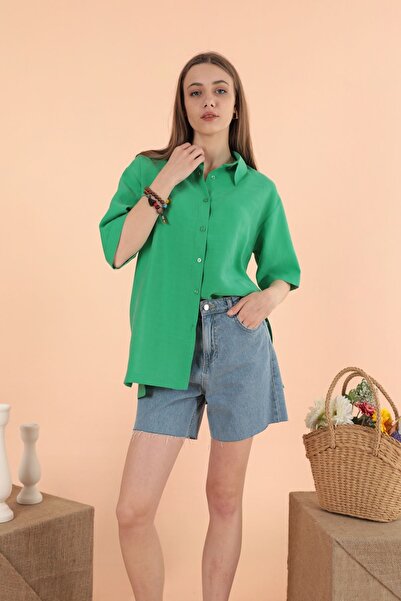 ziend fashion Modal Υφασμάτινο κοντομάνικο γυναικείο πράσινο πουκάμισο