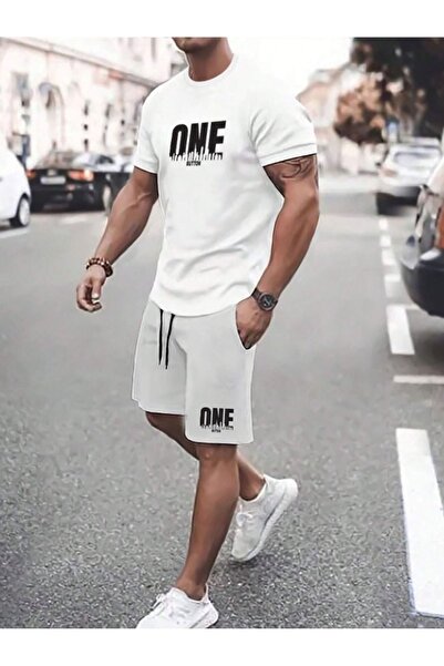 one button Set tricou alb oversize și pantaloni scurți bleumarin - Detaliat