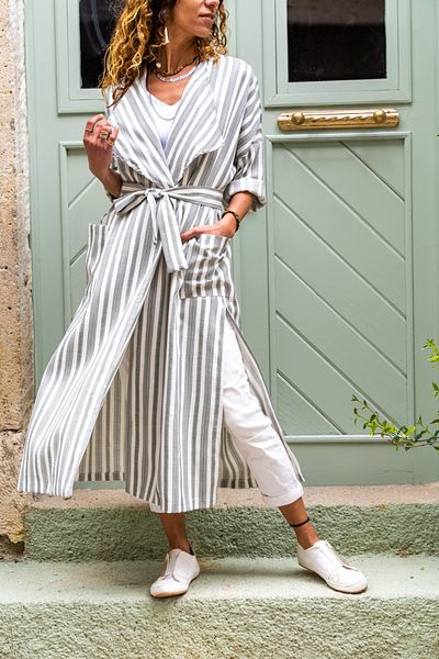 Güneşkızı Women's Khaki Linen Shawl Collar Pocket Self Belted Striped Kimono Dress Bst3373
