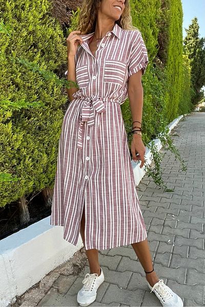 Güneşkızı Rochie cămașă cu mânecă scurtă cu buzunare din in roșu Claret Bst3434