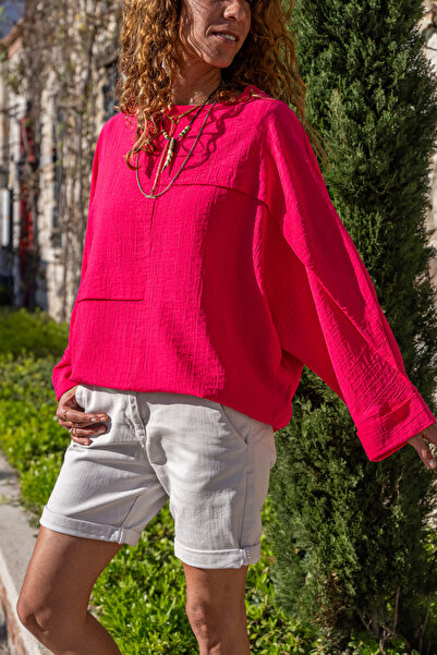 Güneşkızı بلوزة نسائية فضفاضة ذات أكمام خفاش ذات ملمس ذاتي باللون الفوشيا BST...