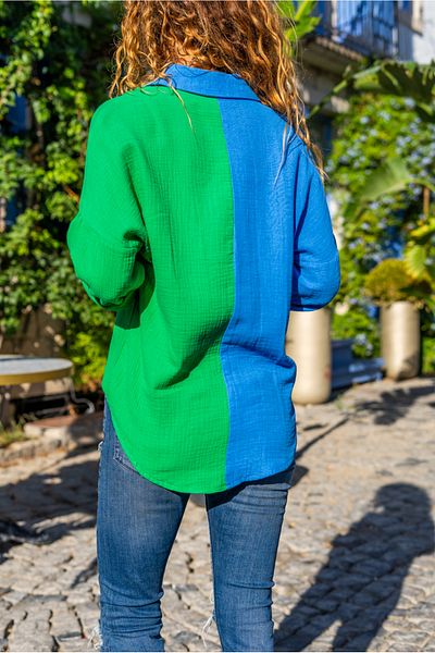Güneşkızı Γυναικείο Πράσινο-Σακς Muslin Color Block πουκάμισο Casual Bst3458