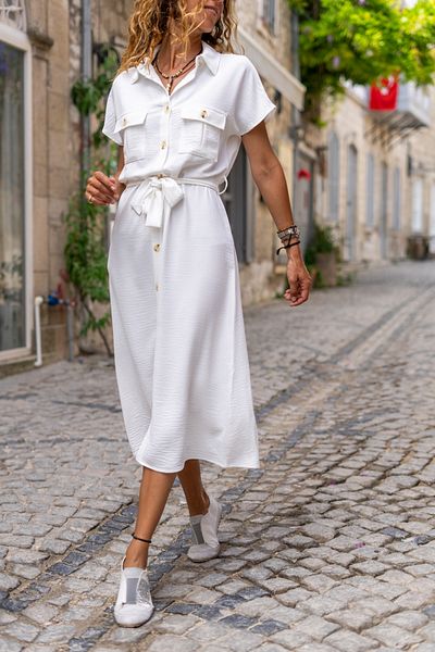 Güneşkızı Rochie albă pentru femei Safari Airobin cu centură și buzunare - Gk-bstk4045