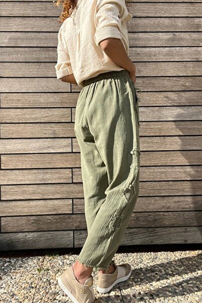 Güneşkızı Women's Khaki Elastic Waist Washed Linen Look Filthy Stitching Detailed Loose Baggy Trousers RSD1196