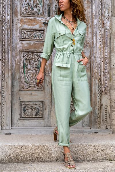 Güneşkızı Women's Khaki Pocket Belted Safari Jumpsuit Bst3164yn