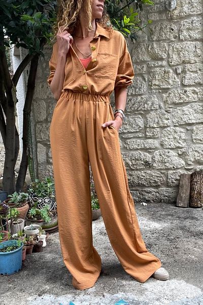Güneşkızı Women's Tile-Brick Half-Flacked Elastic Waist Wide Leg Pocket Casual Jumpsuit Bst3360