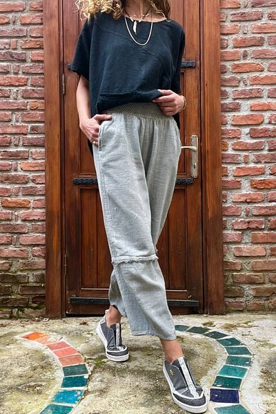 Güneşkızı Women's Gray Elastic Waist Linen Look Washed Pocket Loose Baggy Trousers RSD1230