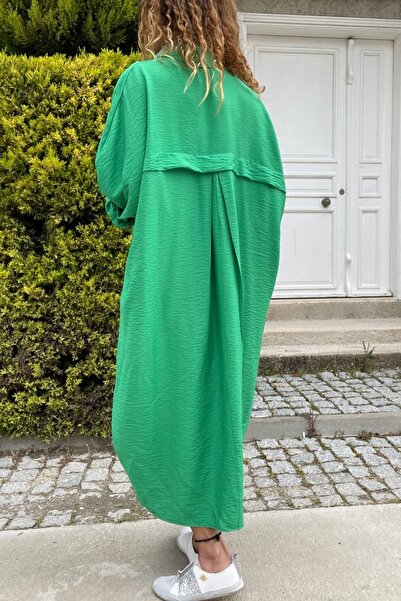 Güneşkızı Women's Green Linen Bat Sleeve Casual Pocket Shirt Dress Bst3282