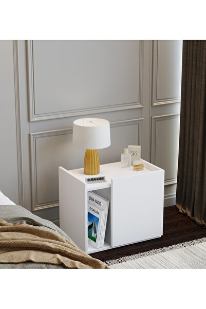 subahome 50 cm Mdf Modern Beyaz Komodin Çok Amaçlı Dolap Yan Sehpa Plak Dolab...