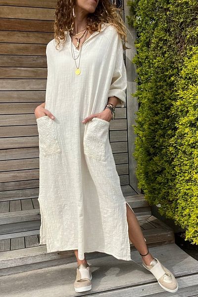 Güneşkızı Women's Beige Hooded Pocket Sequined Loose Linen Look Long Dress Rsd1224