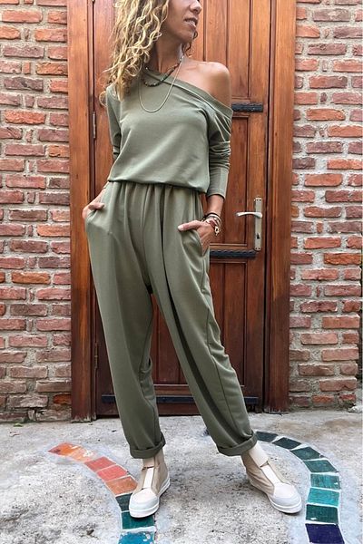 Güneşkızı Women's Khaki Tie Waist, Elasticized Pocket, Shoulderless Tracksuit Jumpsuit Gk-Cckld351