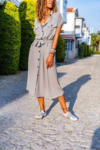 Güneşkızı Women's Gray Pocket Belted Safari Airobin Dress Bstk4045