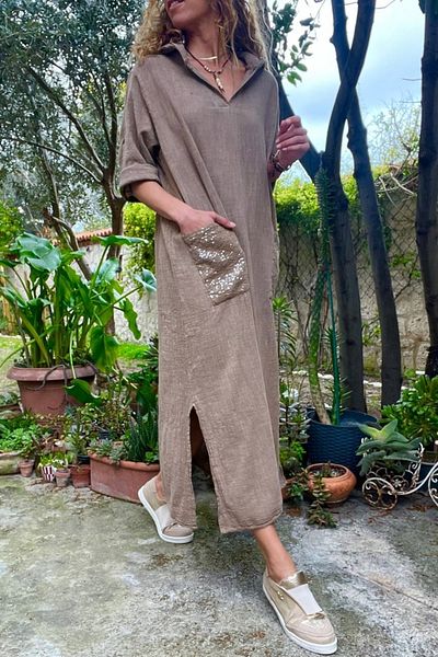 Güneşkızı Women's Bronze Hooded Pocket Sequin Loose Linen Look Long Dress Rsd1224