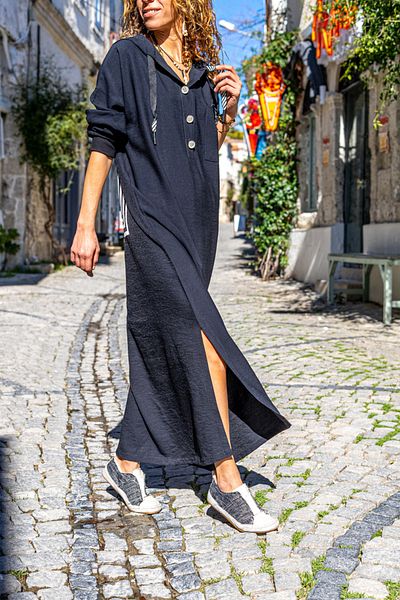 Güneşkızı Women's Black Linen Hooded Side Slit Back Printed Long Dress Bst3225