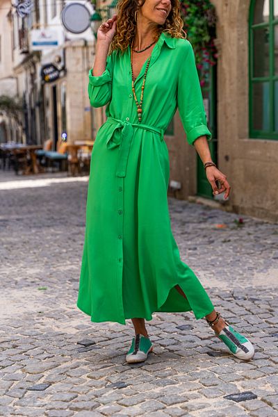Güneşkızı Women's Green Self Belted Long Shirt Dress Gk-bstt4011-1490