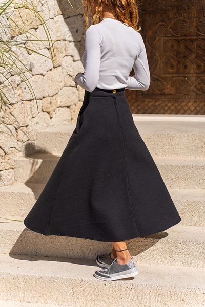 Güneşkızı Black Stitched Flared Skirt with High Waist Pockets - Self Patterned Bst3461