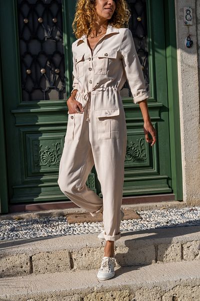Güneşkızı Women's Cream Airobin Pocket Belted Safari Jumpsuit Bst3164