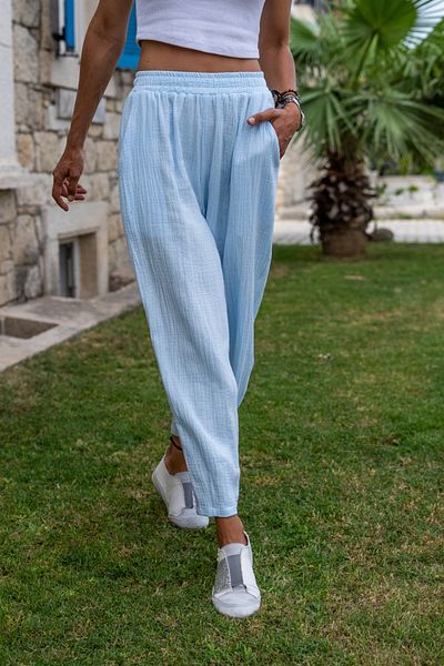 Güneşkızı Pantaloni largi de damă, albastru baby, cu buzunar elastic în talie Bst3416