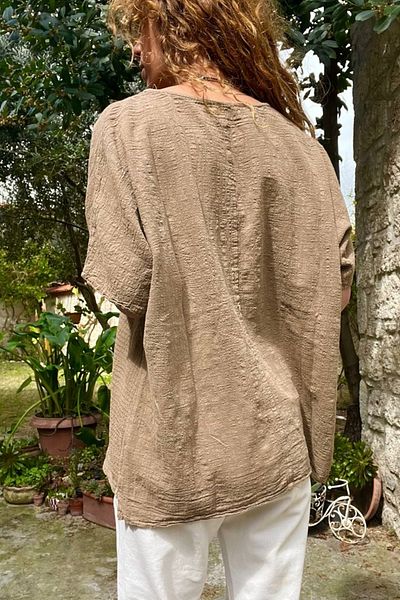 Güneşkızı Women's Bronze Asymmetric Cut Button Detail Single Pocket Linen Look Loose Blouse RSD1232