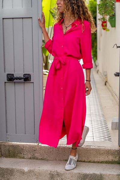 Güneşkızı Women's Fuchsia Self Belted Long Shirt Dress Gk-bstt4011-1490