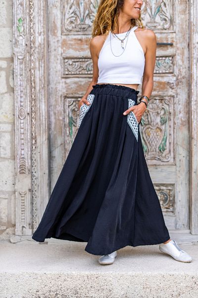 Güneşkızı Black Straw Detailed Casual Flared Women's Skirt - Waist ELastic Bst3389