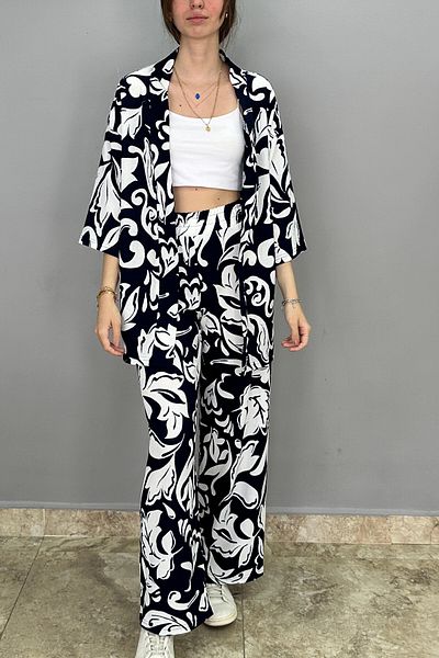 Tam Moda Women's Palazzo Pants - Kimono Set Dark Navy-White Print