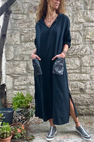 Güneşkızı Women's Black Hooded Pocket Sequin Loose Linen Look Long Dress Rsd1224