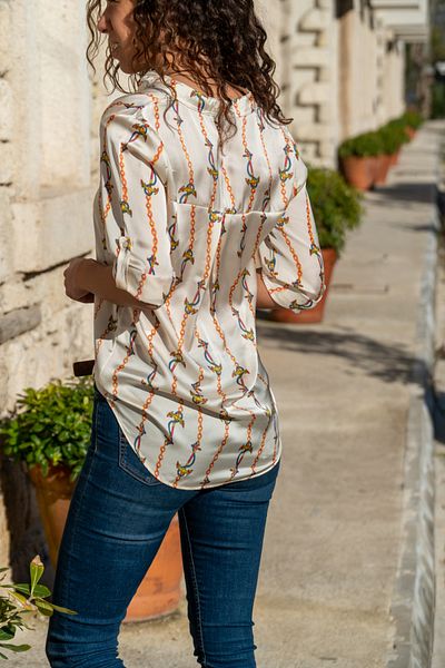 Güneşkızı V-Neck Ecru Satin Women's Blouse - Patterned, Bstt4011-2015