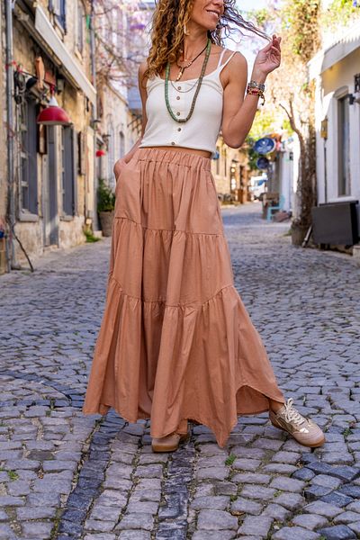 Güneşkızı Camel Flared Skirt with Pockets and Elastic Waist, Layered Design BST700-3574