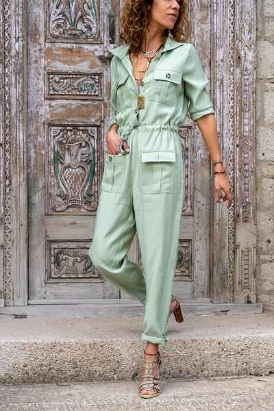 Güneşkızı Women's Khaki Pocket Belted Safari Jumpsuit Bst3164yn