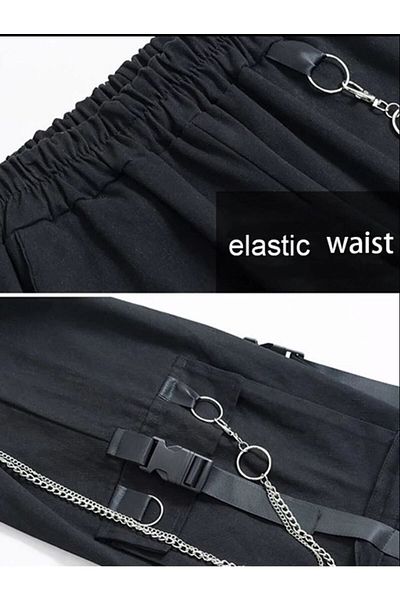 Köstebek Harajuku Black Elastic Waist Chain Detail Cargo Pants