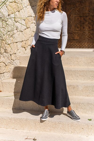 Güneşkızı Black Stitched Flared Skirt with High Waist Pockets - Self Patterned Bst3461
