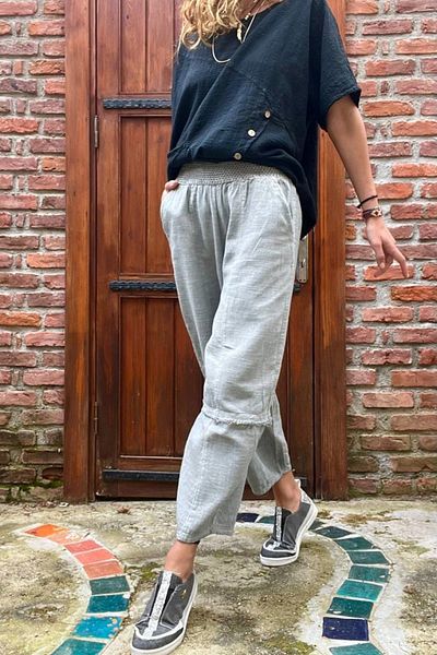 Güneşkızı Women's Gray Elastic Waist Linen Look Washed Pocket Loose Baggy Trousers RSD1230