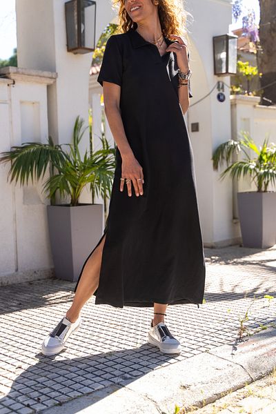 Güneşkızı Rochie lungă cu guler polo neagră pentru femei BST700-3525