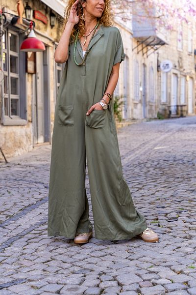 Güneşkızı Women's Khaki Half Placket Pocket Low Net Loose Cut Loose Jumpsuit BST700-3577