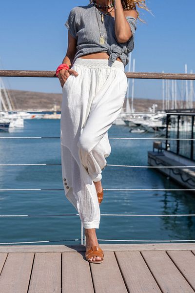 Güneşkızı Pantaloni Shalwar din in, alb, cu talie elastică, cu nasturi, din plasă, Rsd3038