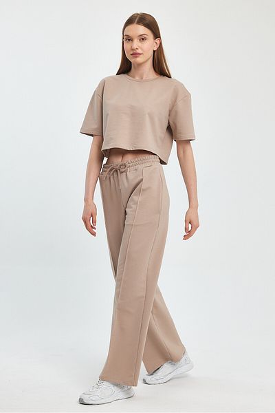 Penyelux Beige Palazzo Trousers - Pocket, Rubber Waist, Wide Leg, 2 String Fabric