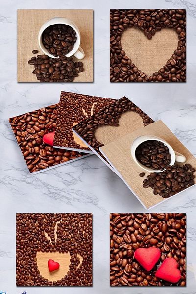 Else Dekor Else Coffee Heart Patterned Set of 4 Coffee Tea Coasters Washable Non-Slip