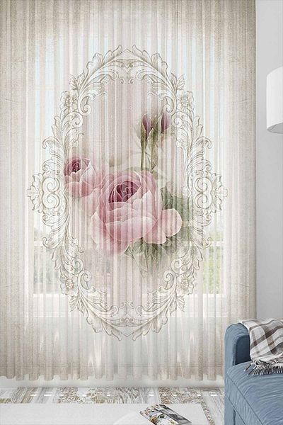 Else Dekor Pink Retro Rose Floral Patterned Decorative Modern 3D Tulle Backdrop Curtain