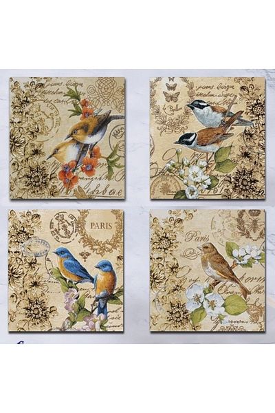 Else Dekor Else Retro Bird Patterned 4-Piece Coffee Tea Coasters Set Washable Non-Slip