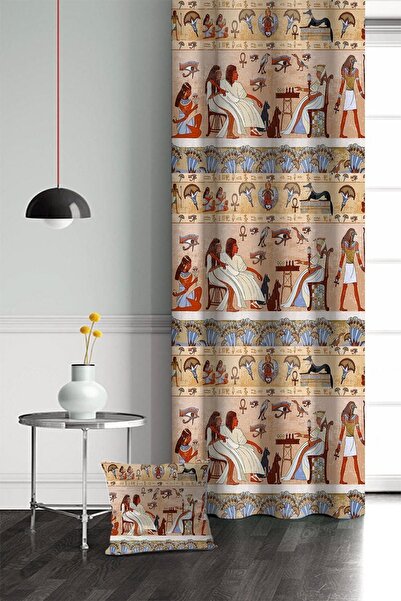 Else Halı Etnik Mısır Hitit Otantik Baskılı Desenli Tek Kanat Fon Perde