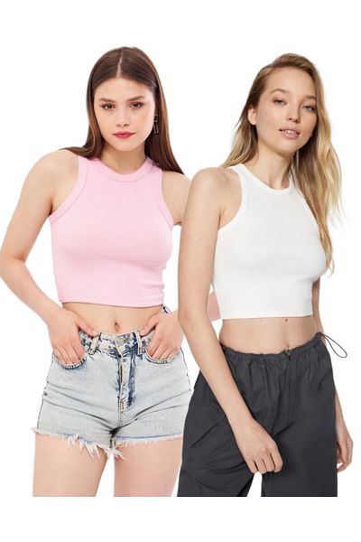 POLYMOOD Pack of 2 Fitted Pink-White Body Fitted Crop Basic Collar Ribbed Flexible Knitted Undershirt