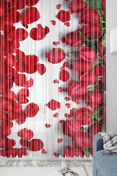 Else Halı Else Kırmızı Güller Desenli Dekoratif Modern 3d Tül Fon Perde