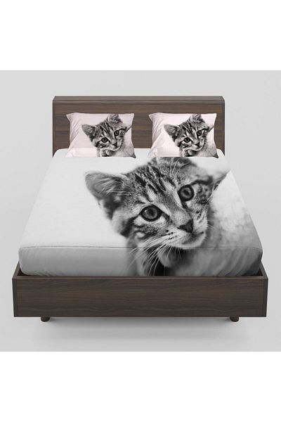 Else Halı Else White Gray Cute Kitten Patterned Elastic Double Elastic Sheet Set 160x200cm