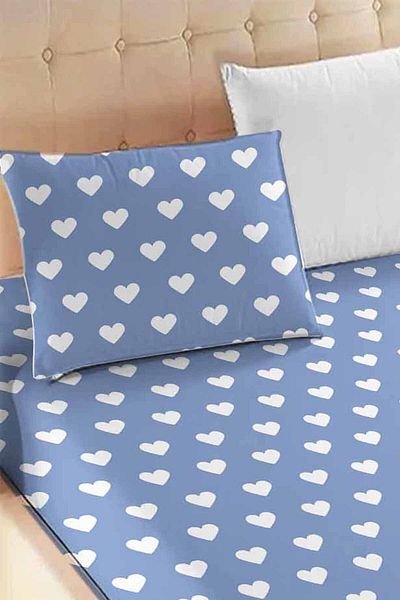 Else Dekor Blue and White Heart Patterned Elastic Single Pillowed Elastic Sheet Set 90x190cm
